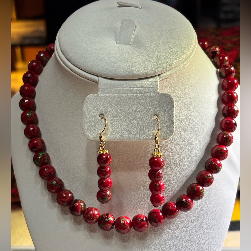 Handmade Red Green Gold and Black Festive Necklace and Earring Set